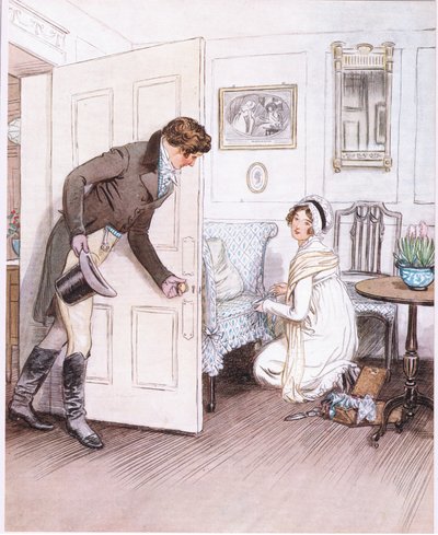 Valentine: "To see her on his knees, decorating the little legs of the couch with frills as if it were a child" by Hugh Thomson