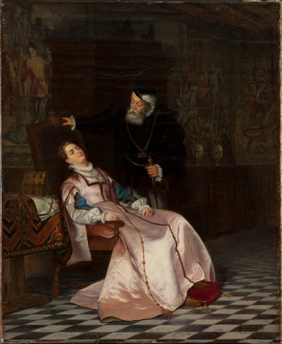 Gustav Vasa finds his consort Catherine Stenbock sleeping and hear her say King Gösta I love... by Hugo Salmson