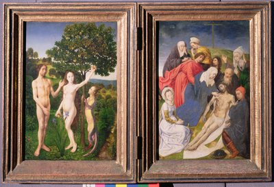 Diptych: The Fall of Man (Adam and Eve, Serpent and Apple) and Deposition of Christ (after 1479) by Hugo van der Goes
