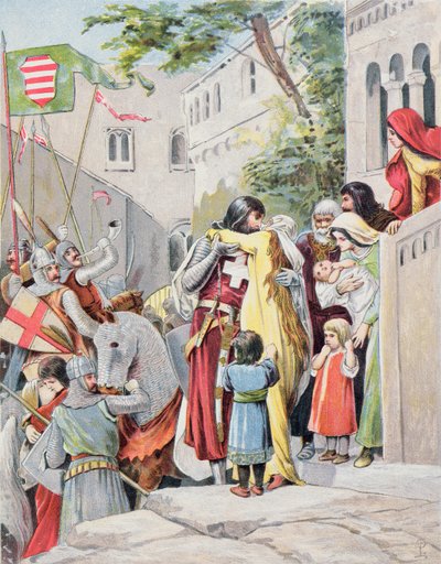 John Hunyadi embraces his wife, Erzsebet Szilagyi, as he departs for battle, c.1900 by Hungarian School