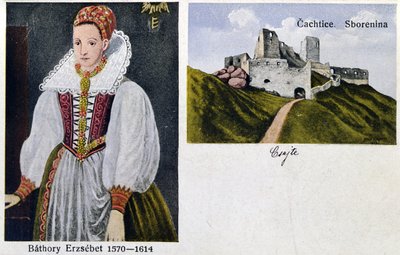 Postcard depicting Countess Elisabeth Bathory (1560-1614) and Castle Cachtice by Hungarian School