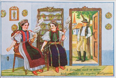 Postcard depicting women in traditional Hungarian dress spinning and singing the popular song Sing a Song to the Frog, c.1940 by Hungarian School