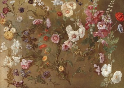 Composition of Flower Studies Including Carnations, Pincushion Flowers, Bouncing Bet, Mallow; Hollyhocks, African Marigolds, Forget-Me-Nots by Hyacinthe Francois Rigaud