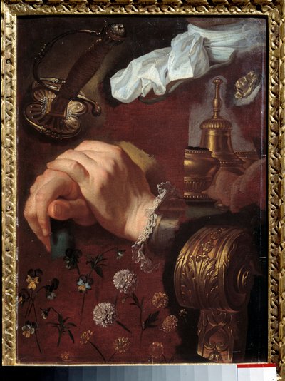 Study of Crossed Hands, Fabrics, Flowers, Bell, Sword. Painting by Hyacinthe Rigaud (1659-1743) by Hyacinthe Francois Rigaud