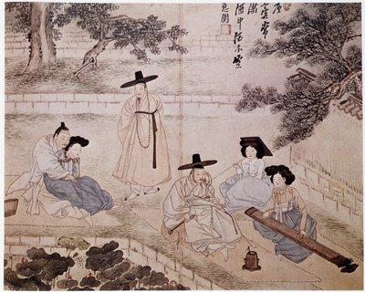 Music, fumery and couple in a garden, Korea - by Hye-Wol, Yi dynasty by Hyewon