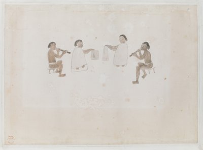Musicians of Tahiti. Four Tahitians, two dressed in the mare playing the nose flute; two dressed in the tiputa beating drums, Recorded in Joseph Banks