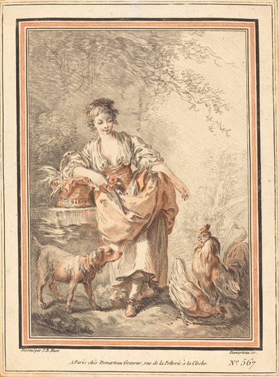 Woman Feeding Chickens by I Gilles Antoine Demarteau after Jean Baptiste Hüet