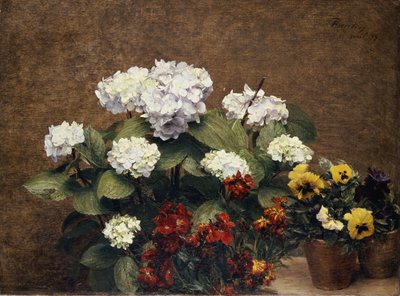 Hortensias and Stocks with Two Pots of Pansies, 1879 by Ignace Henri Jean Fantin Latour