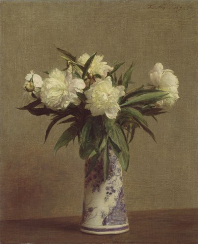 Peonies in a Blue and White Vase by Ignace Henri Jean Fantin Latour