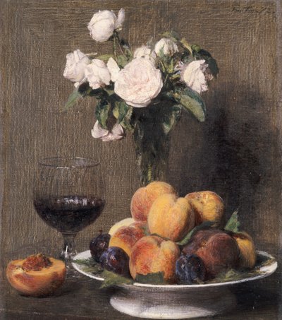 Still life with roses, fruit and a glass of wine by Ignace Henri Jean Fantin Latour
