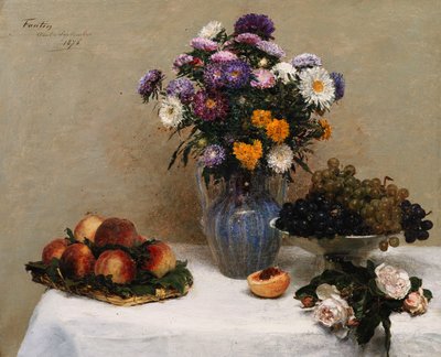 White Roses and Chrysanthemums in a Vase - Peaches and Grapes on a Table with a White Tablecloth, 1876 by Ignace Henri Jean Fantin Latour