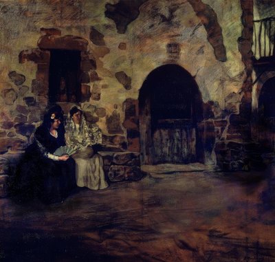 Two Women with Mantilla and Fan at the Farmhouse Door – 20th Century by Ignacio Zuloaga y Zabaleta