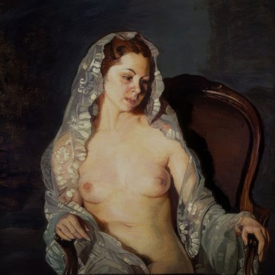 Nude Woman Sitting with Transparent Mantilla – 20th Century by Ignacio Zuloaga y Zabaleta