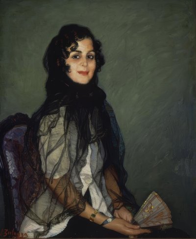 Angustias de Blanco with Black Mantilla and Fan – 20th Century by Ignacio Zuloaga y Zabaleta
