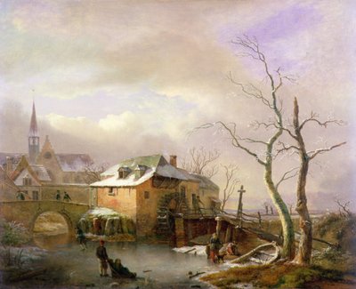 A Winter Landscape with Peasants on a Frozen Millpond by a Village by Ignatius Josephus van Regemorter