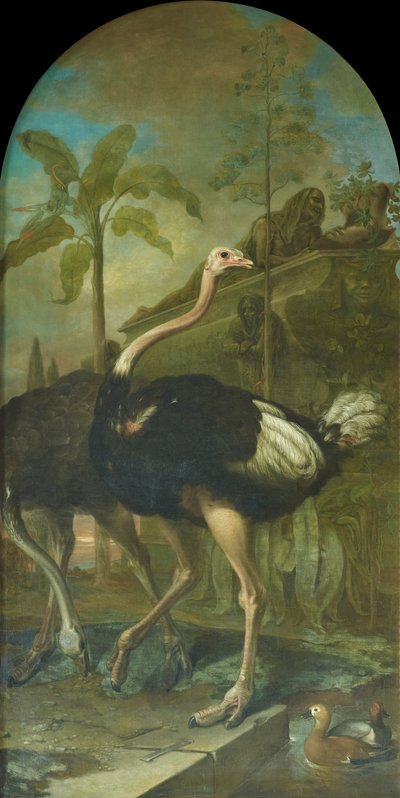 A Pair of Ostriches, with a Sarcophagus in the Background by Ignaz Heinitz von Heinzenthal