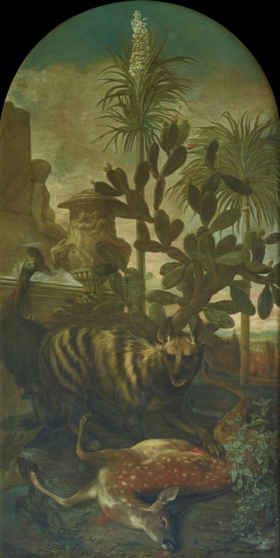 Hyena, Antelope, and Cassowary in Cactus Landscape by Ignaz Heinitz von Heinzenthal