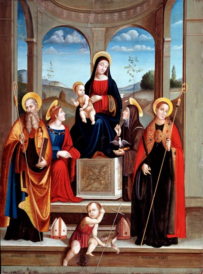 Madonna with the child and Sts Benedict of Nursia, Justine, Placide and Scolastica by Il  Francia