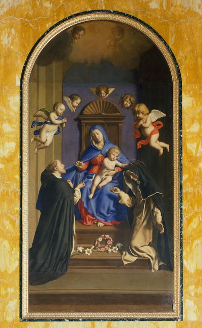 Our Lady of the Rosary with St Dominic and St Catherine, Chapel of St Catherine, Basilica of St Sabine, Rome by Il  Sassoferrato