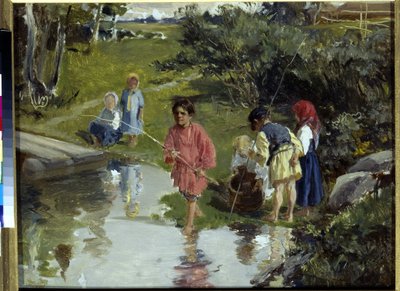 Children Fishing by Illarion Mikhailovich Pryanishnikov by Illarion Mikhailovich Pryanishnikov