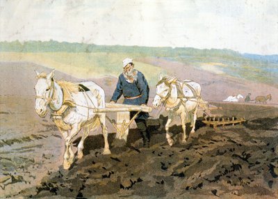 Count Tolstoy ploughing - according to Repine