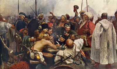 The answer of the Zaporogues Cossacks to Sultan Mehmet IV from Turkey, Engraving of the 19th century after a painting by Ilya Repine by Ilya Efimovich (after) Repin