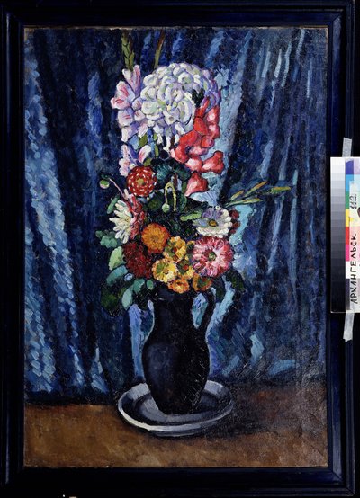 Bunch of Flowers in a Black Jug on the Blue Background by Ilya Ivanovich Mashkov
