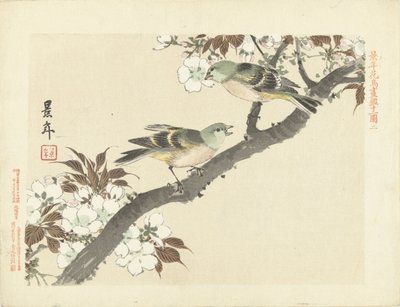 Two Green Birds on a Blossoming Branch (Flower and Bird Sketches by Keinen) by Imao Keinen