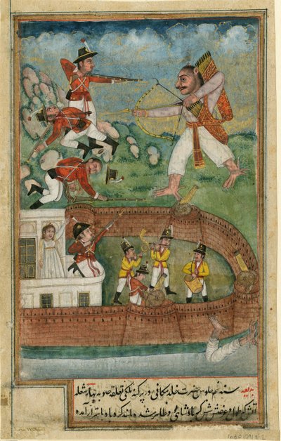 Indian Demons Attacking Fort Defended by European Troops by Indian Art