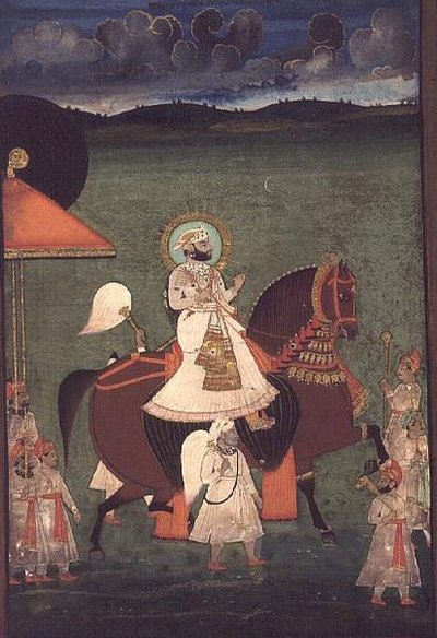 Rana Sarup Singh (1842-61) of Mewar rides upon a chestnut stallion, his retainers on foot carry sunshades and royal accoutrements, Udaipur, c.1855 by Indian School