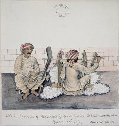 Two men ginning cotton, Bombay by Indian School