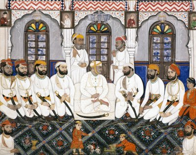 A Jaipur raja dressed for worship in durbar by Indian School