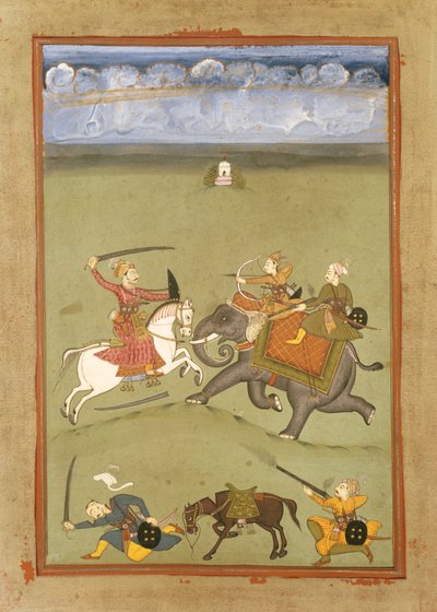 A Prince Fighting His Enemies on an Elephant by Indian School