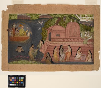 A Raja hawking from a boat comes upon bathing beauties by a temple, c.1695 by Indian School