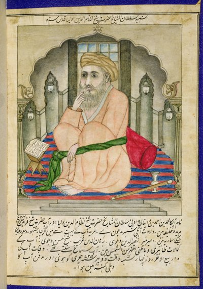 A Sufi sage seated in a niche, from an album of miniatures in Persian style with Deccan text by Indian School