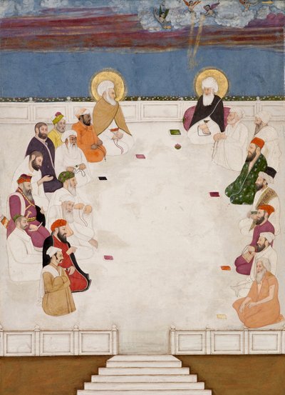 A group of Indian saints and holy men, including Mullah Shah and Aurangzeb, seated by Indian School
