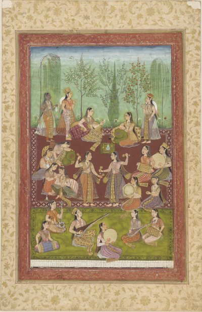 A group of women in a garden, entertaining themselves with music and dancing by Indian School