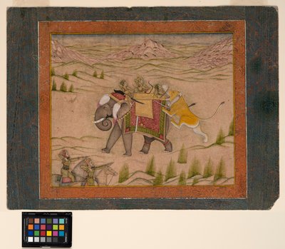 A lion attacks a hunting party atop an elephant, c.1810 by Indian School