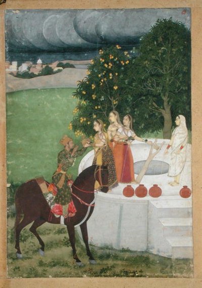 A mounted Prince receiving water from ladies at a well, miniature from Murshidabad, c.1760 by Indian School