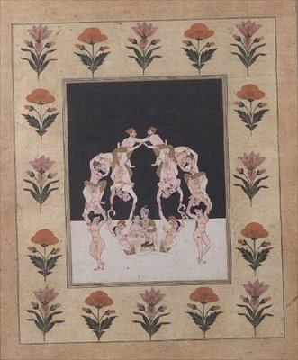 A Pair of Lovers Seated on a Swing Composed of Other Entwined Lovers by Indian School