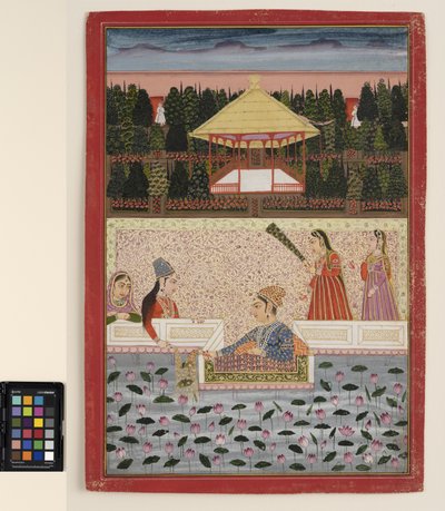 A prince and princess play with sparklers by a lotus pool, c.1760 by Indian School