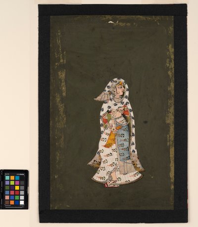A standing woman in floral patterned white sari, a peacock-plume patterned cloak by Indian School