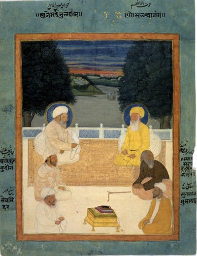 Six Sufi saints seated on a terrace; Khvaja Mu