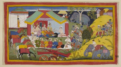Bharata and his followers have reached the capital of the Nishada Kingdom. In their encampment on the bank of the Ganga, Bharata, his brother and ministers are seated in durbar in front of their tent. The Nishada king Guha comes with by Indian School