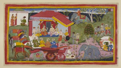 In an encampment scene, Guha the Nishadaking is introduced into the meeting of the princes, Brahmins and ministers. The horses, unyoked from the chariots, stand in a line tethered and hobbled, while a mahout prepares powder for the elephants. by Indian School