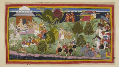 The two princes, the Brahmins and ministers approach the hermitage of Bharadwaja on foot, with the three queens at a distance over the horizon followed by their litters. The army with its elephants and chariots waits behind. On the l by Indian School