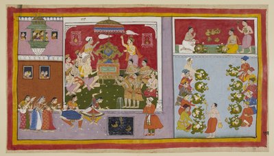 Through his magic powers, Bharadvaja has conjured up a palace in a pleasure ground for the entertainment and refreshment of his guests. Bharadvaja and the other ascetics and Brahmins sit in the throne-room, while the two princes fir by Indian School