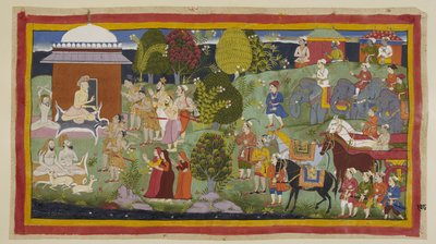 Bharadvaja, seated outside his hut with other ascetics and deer, enquires of the princes whether they have enjoyed his hospitality. He tells them and their companions that Rama is living in Citrakuta. At his request, the princes introduce themselves. by Indian School