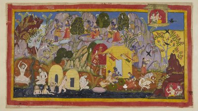 Meanwhile, all is peaceful with the exiles in their abode on the Citrakuta mountain. Rama points out its beauties Sita - the many varieties of lovely trees and birds, the rocks coloured by gems and minerals, and the Mandakina river w by Indian School
