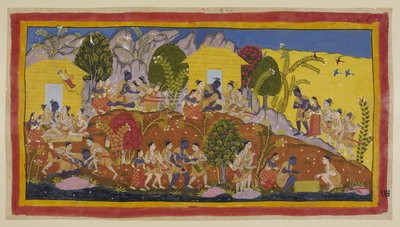 At the top in the centre, Bharata and Shatrughna throw themselves at the feet of Rama, who embraces his younger brothers and smells their heads by Indian School